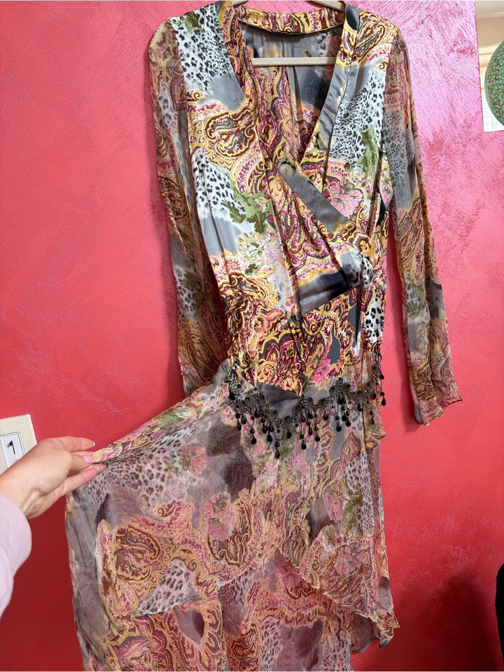 Multi-Color Floral Silk Wrap Tunic with Flowing Sleeves - Picture 2 of 8
